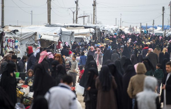 Les déplacés syriens arrivent en masse au camp d'al-Hol, dans le nord-est de la province d'al-Hasakeh, le 6 février. [Fadel Senna/AFP] 